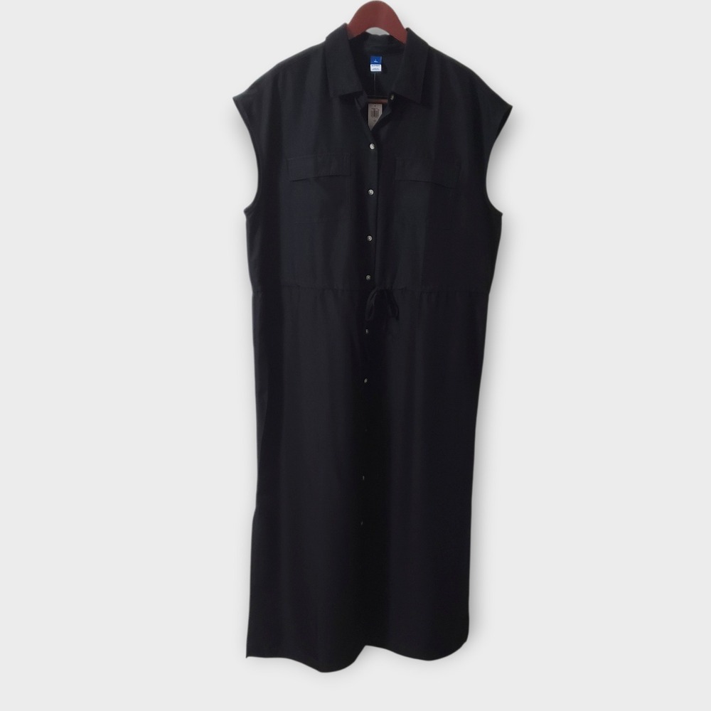 NWT Old Navy Cap Sleeve Midi Shirt Dress Black Utiity Performance Pockets LT